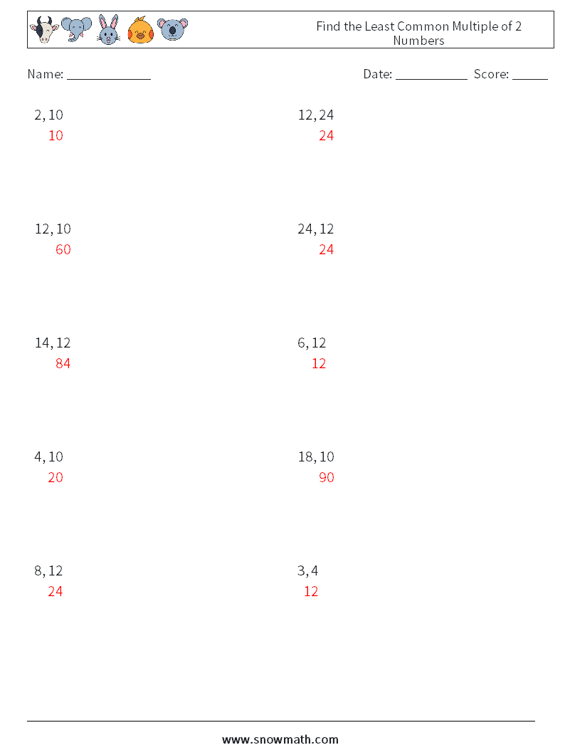 Find the Least Common Multiple of 2 Numbers Math Worksheets 9 Question, Answer