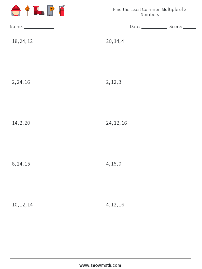 Find the Least Common Multiple of 3 Numbers Math Worksheets 2