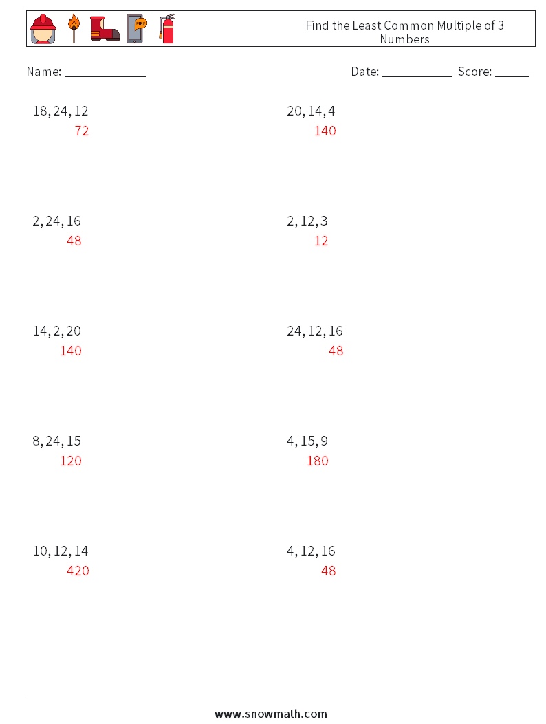 Find the Least Common Multiple of 3 Numbers Math Worksheets 2 Question, Answer