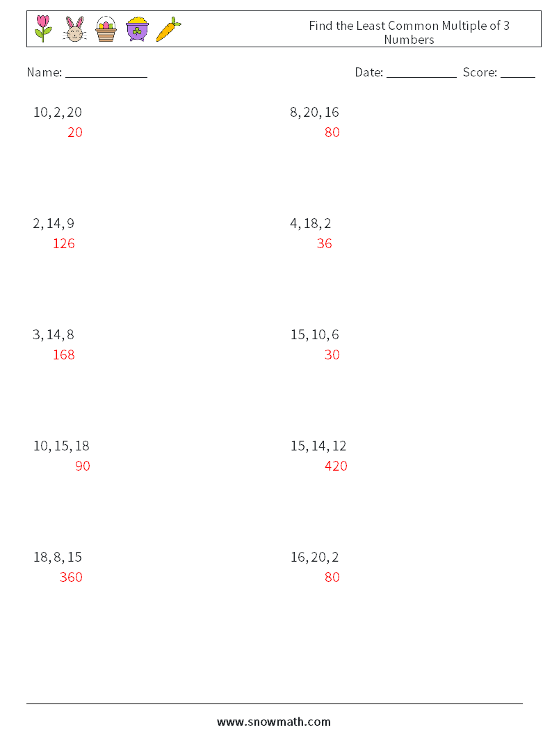 Find the Least Common Multiple of 3 Numbers Math Worksheets 4 Question, Answer