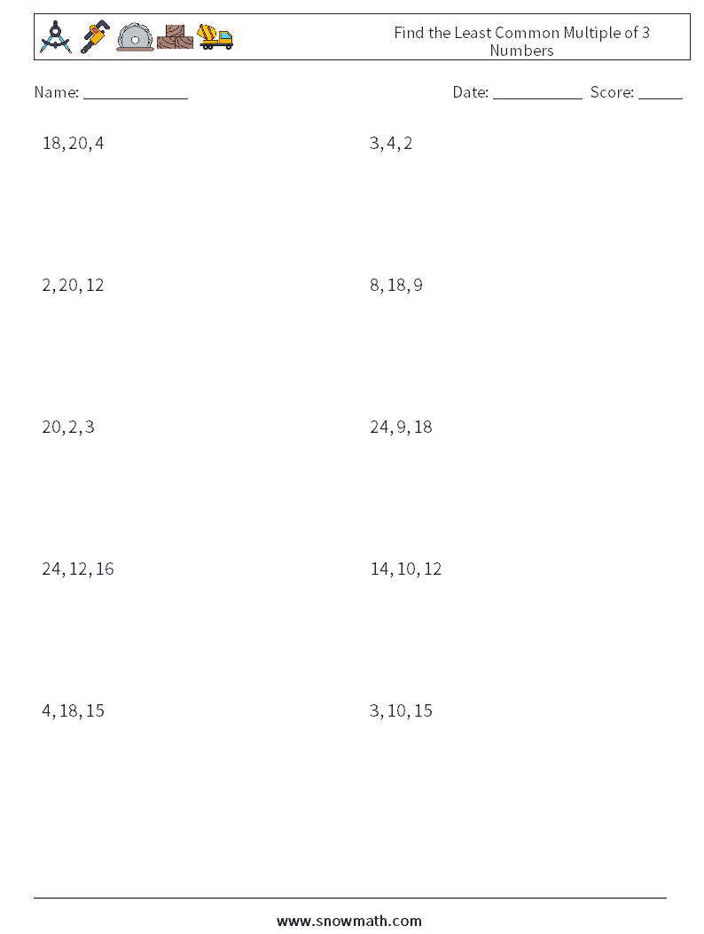 Find the Least Common Multiple of 3 Numbers Math Worksheets 6