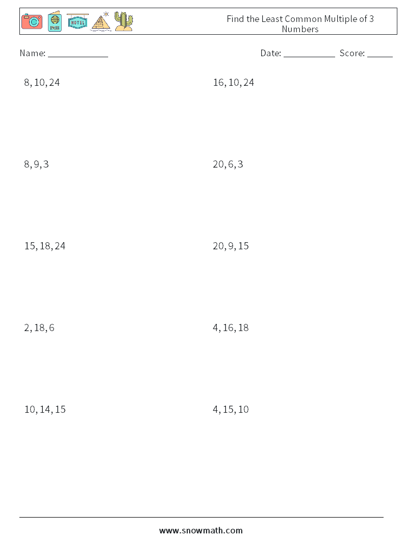 Find the Least Common Multiple of 3 Numbers Math Worksheets 7