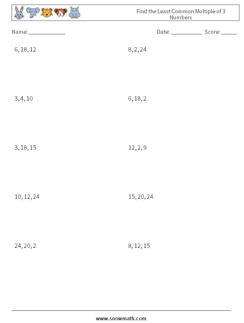 Find the Least Common Multiple of 3 Numbers Math Worksheets 9