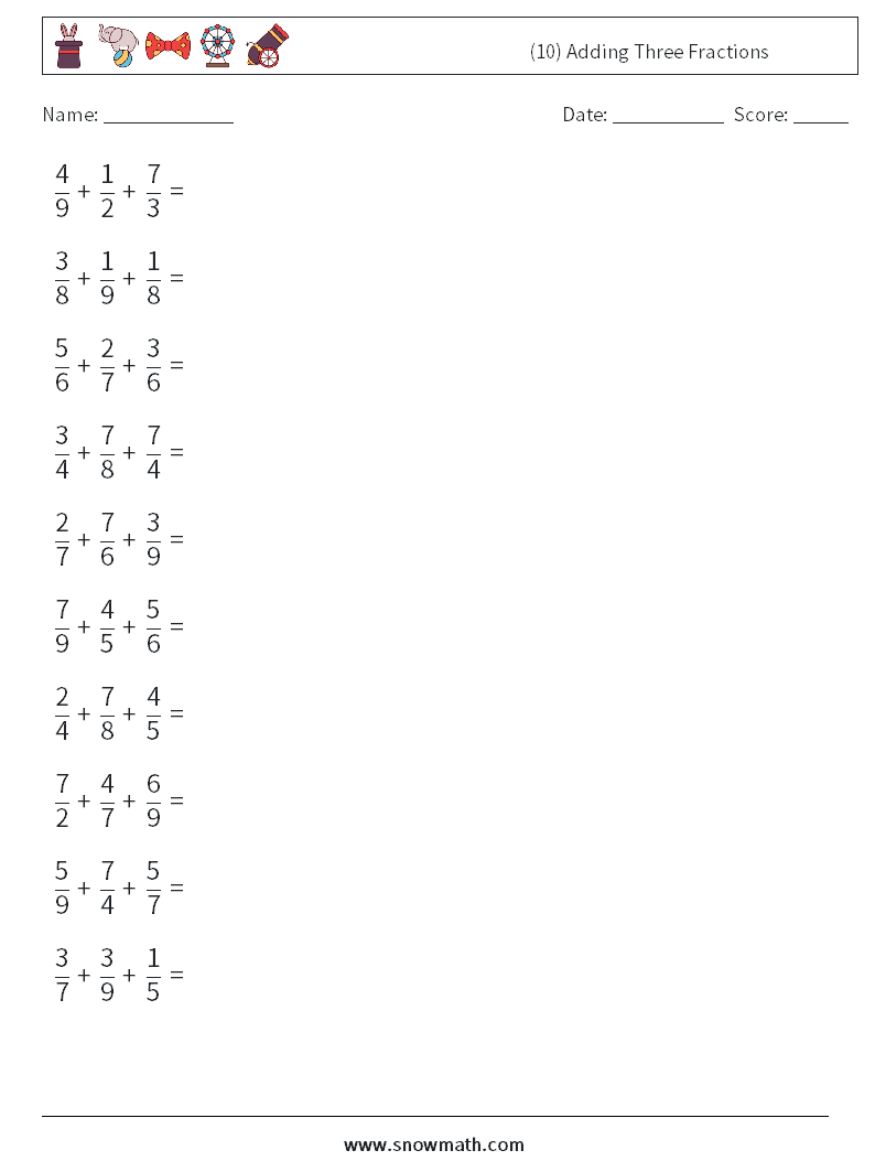 (10) Adding Three Fractions Math Worksheets 10