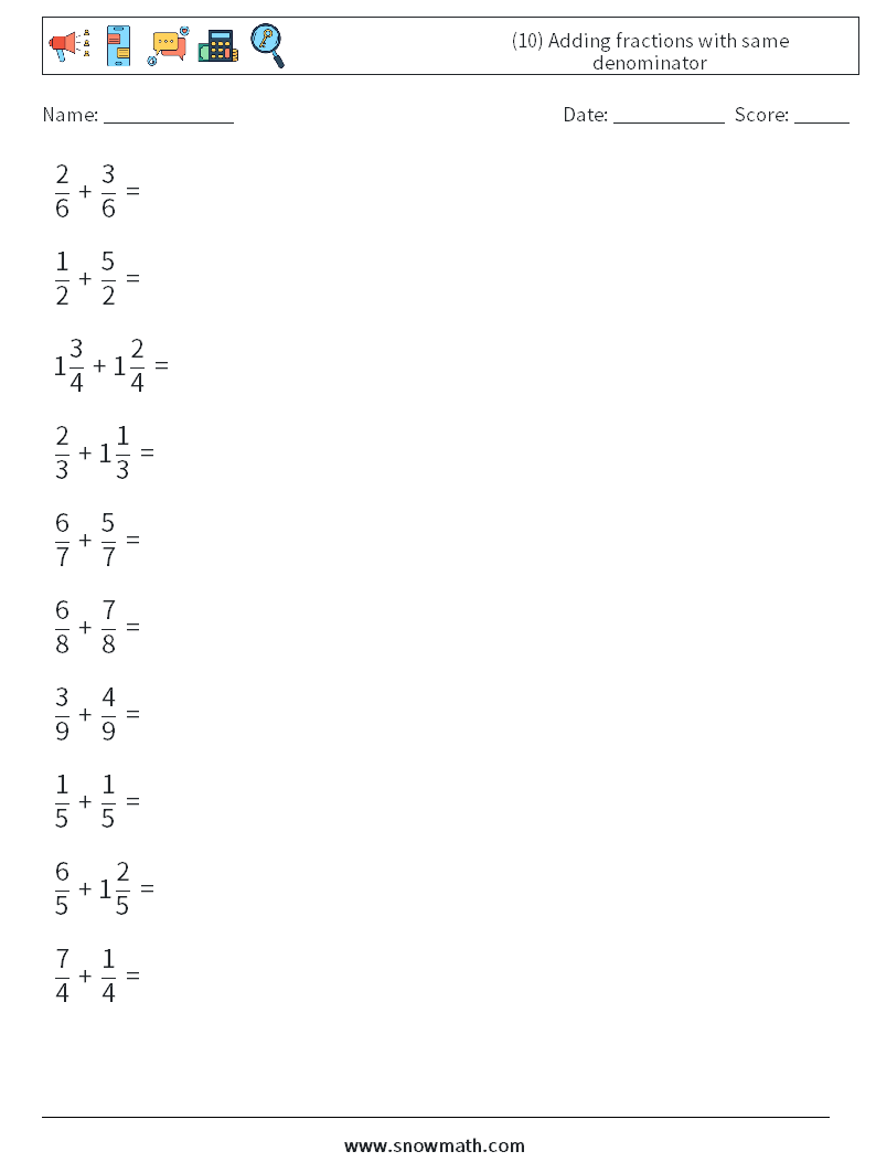 (10) Adding fractions with same denominator Math Worksheets 10