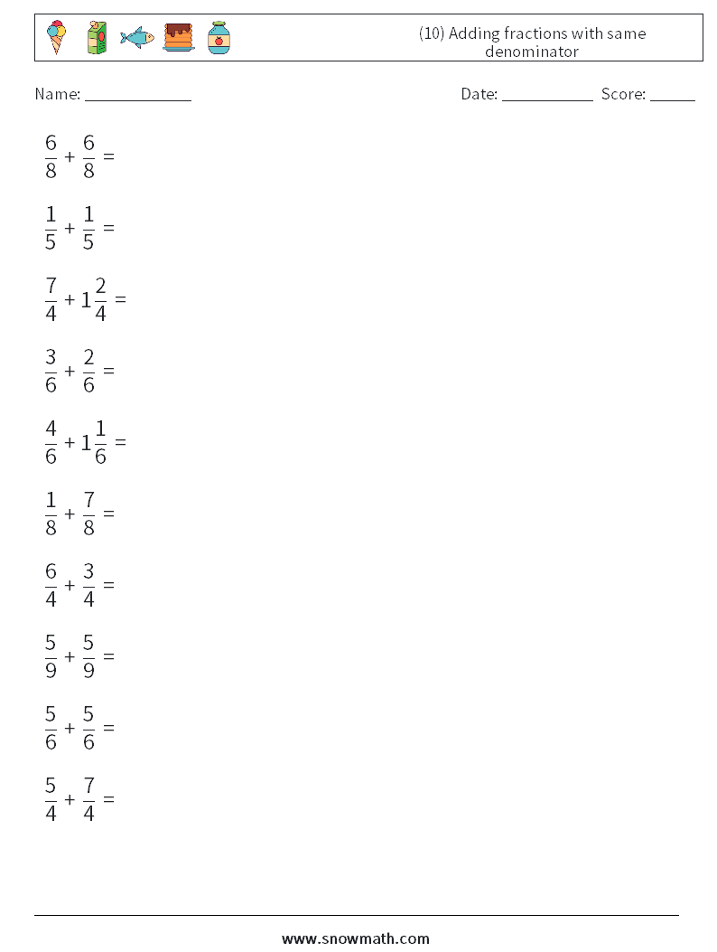 (10) Adding fractions with same denominator Math Worksheets 13