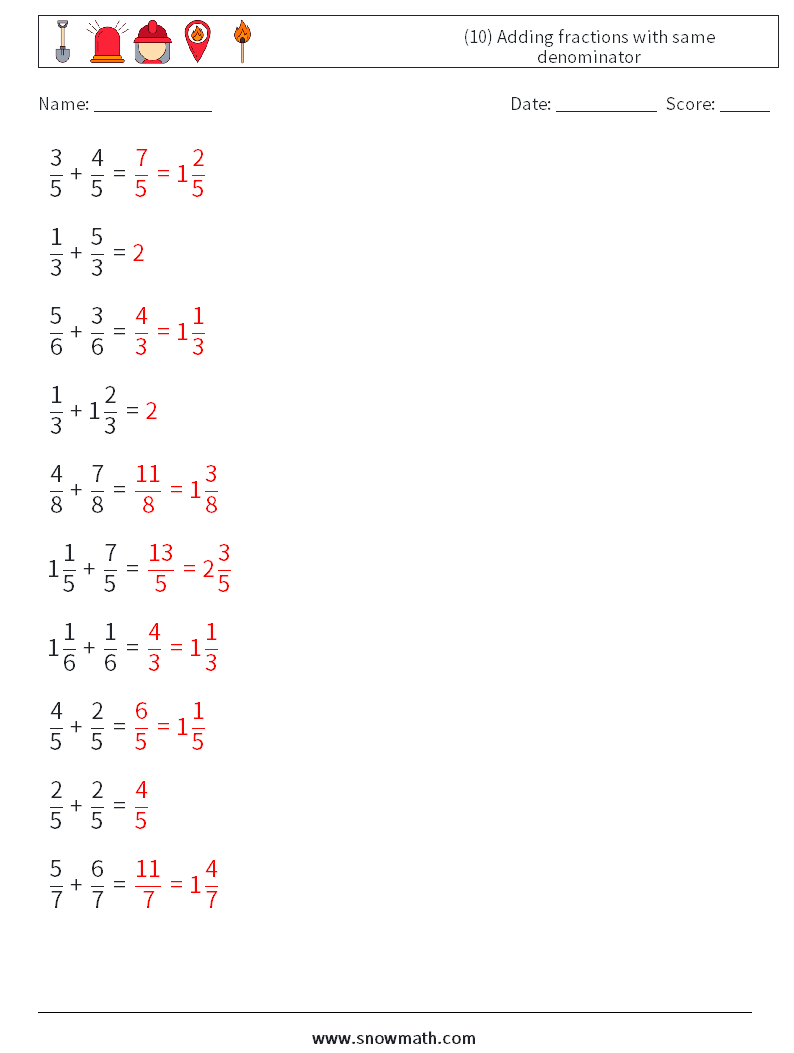 (10) Adding fractions with same denominator Math Worksheets 18 Question, Answer