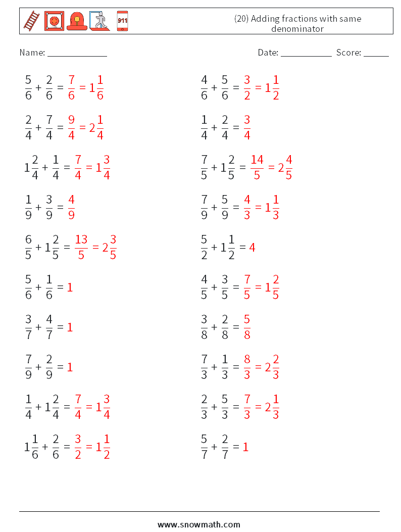 (20) Adding fractions with same denominator Math Worksheets 12 Question, Answer