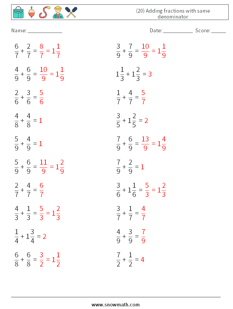 (20) Adding fractions with same denominator Math Worksheets 13 Question, Answer