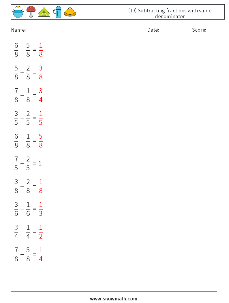 (10) Subtracting fractions with same denominator Math Worksheets 10 Question, Answer