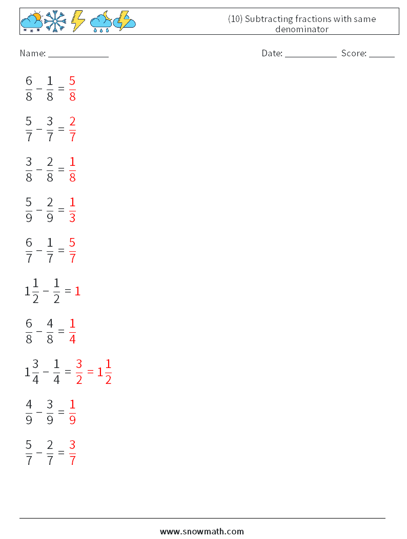 (10) Subtracting fractions with same denominator Math Worksheets 11 Question, Answer