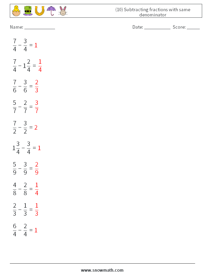 (10) Subtracting fractions with same denominator Math Worksheets 12 Question, Answer