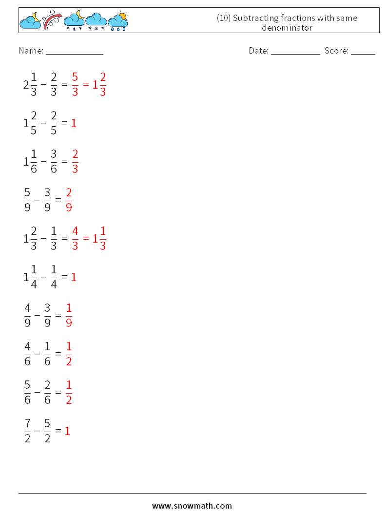 (10) Subtracting fractions with same denominator Math Worksheets 13 Question, Answer