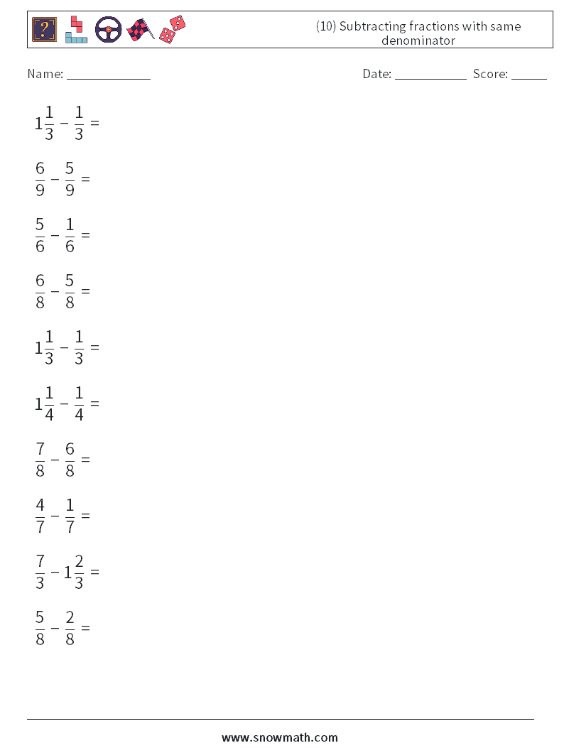 (10) Subtracting fractions with same denominator Math Worksheets 14