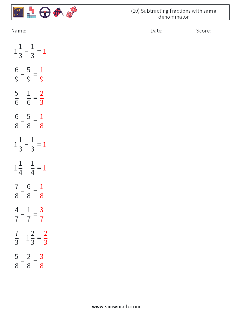 (10) Subtracting fractions with same denominator Math Worksheets 14 Question, Answer