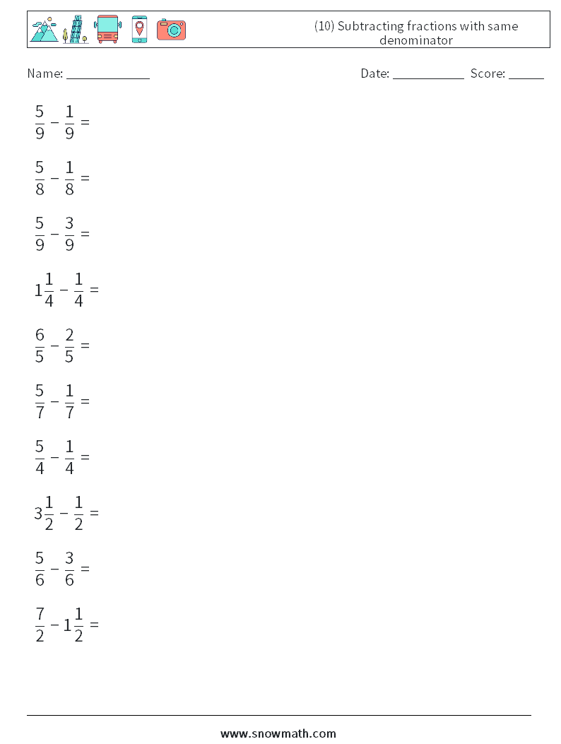 (10) Subtracting fractions with same denominator Math Worksheets 15