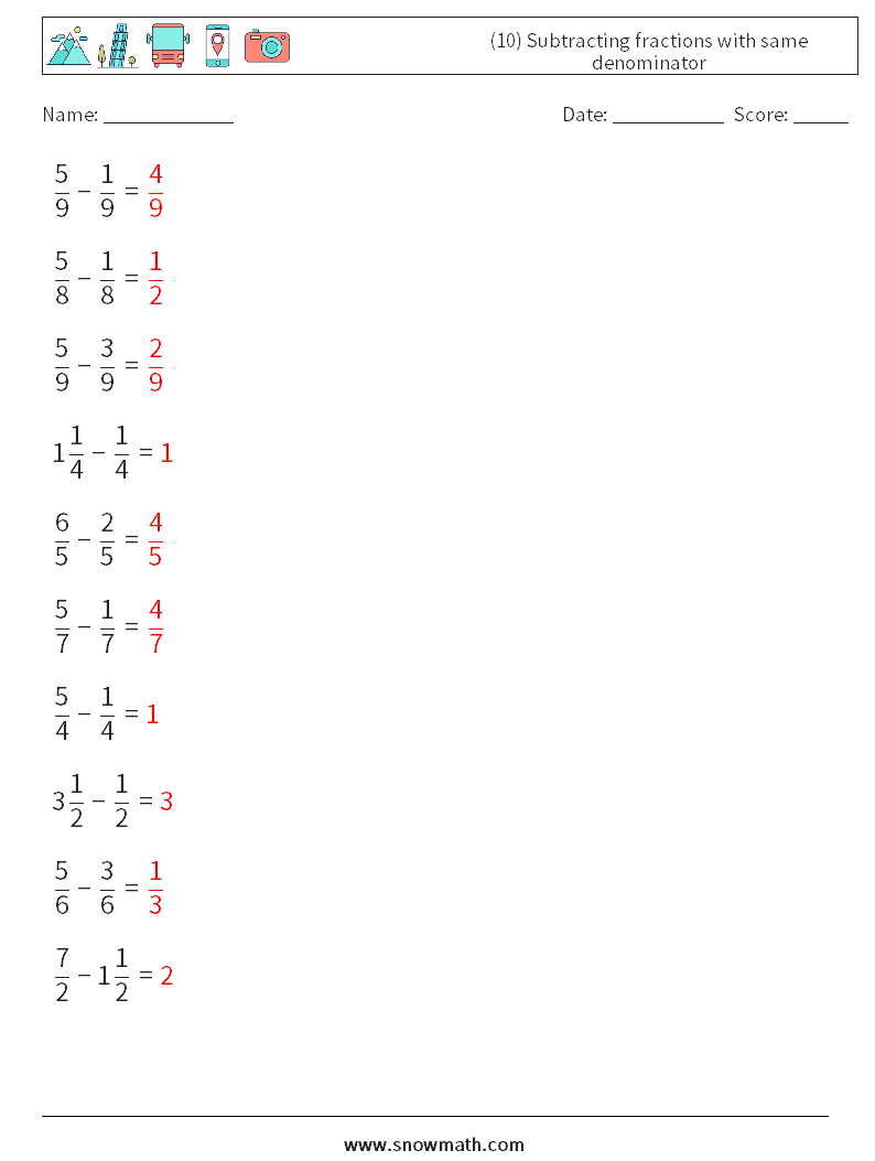 (10) Subtracting fractions with same denominator Math Worksheets 15 Question, Answer