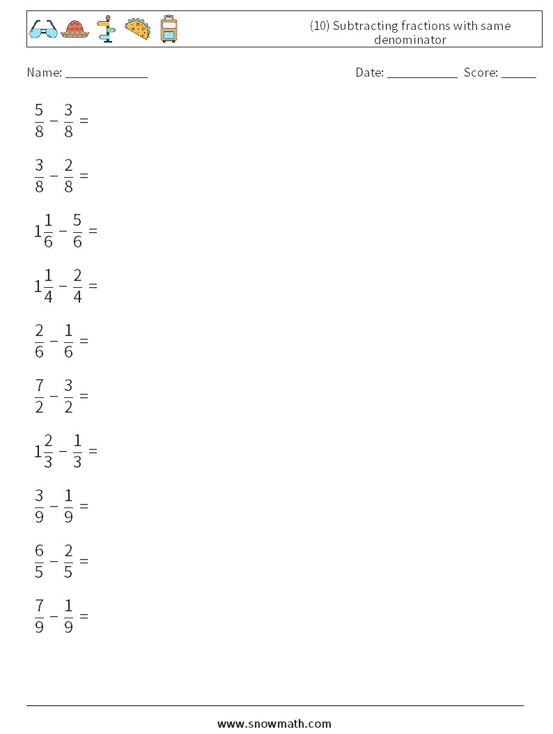 (10) Subtracting fractions with same denominator Math Worksheets 16