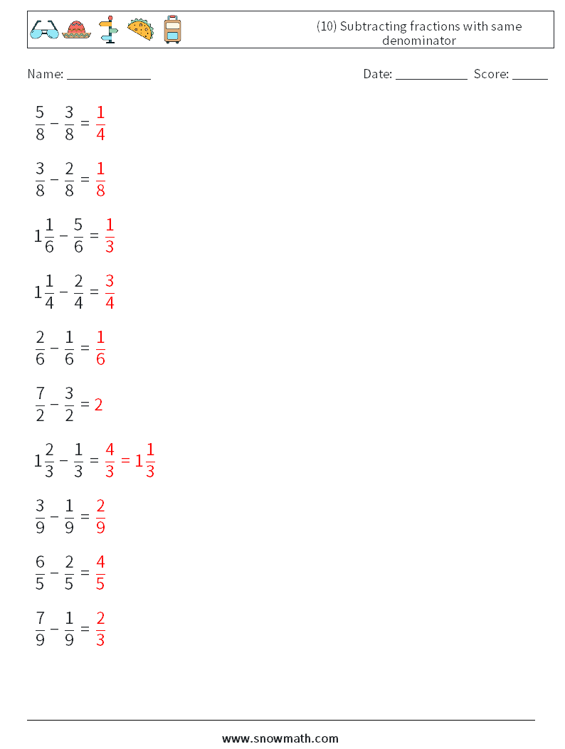 (10) Subtracting fractions with same denominator Math Worksheets 16 Question, Answer