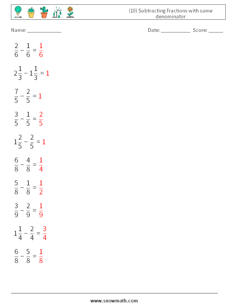 (10) Subtracting fractions with same denominator Math Worksheets 17 Question, Answer