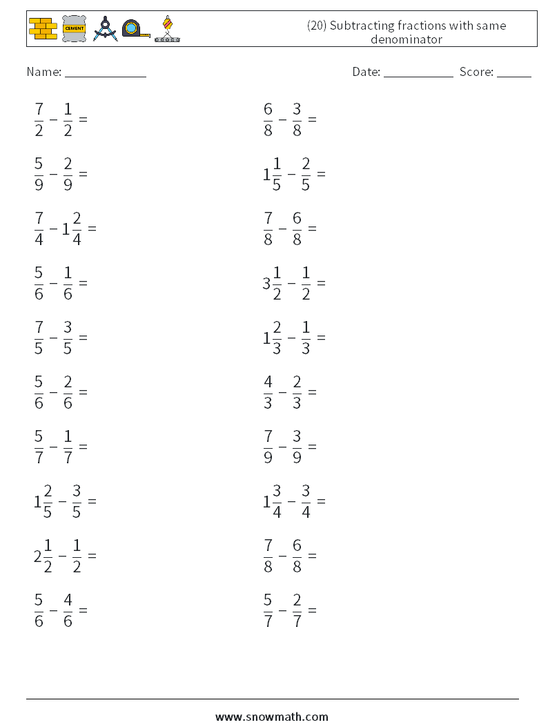 (20) Subtracting fractions with same denominator Math Worksheets 11