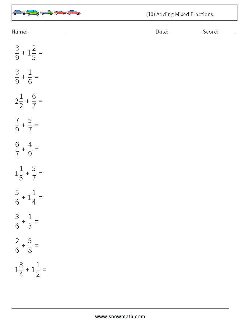 (10) Adding Mixed Fractions Math Worksheets 13