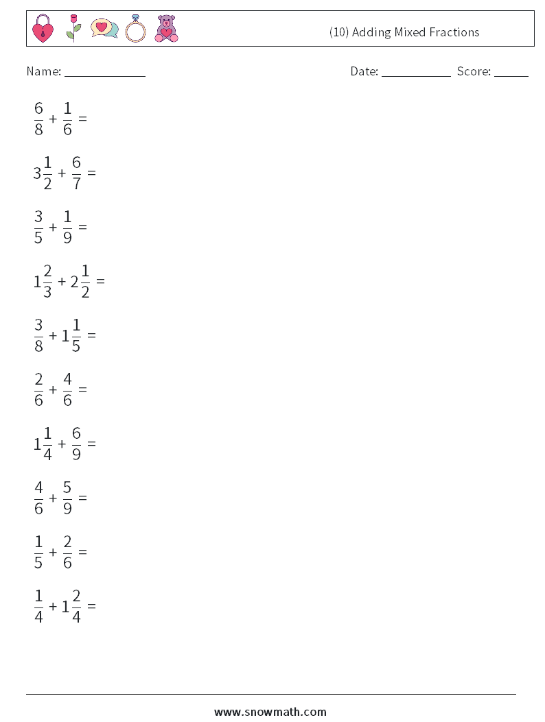 (10) Adding Mixed Fractions Math Worksheets 15