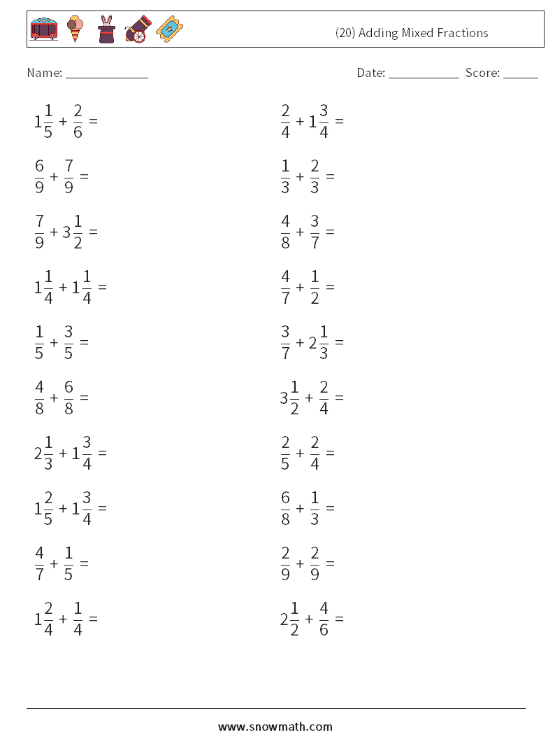 (20) Adding Mixed Fractions Math Worksheets 17