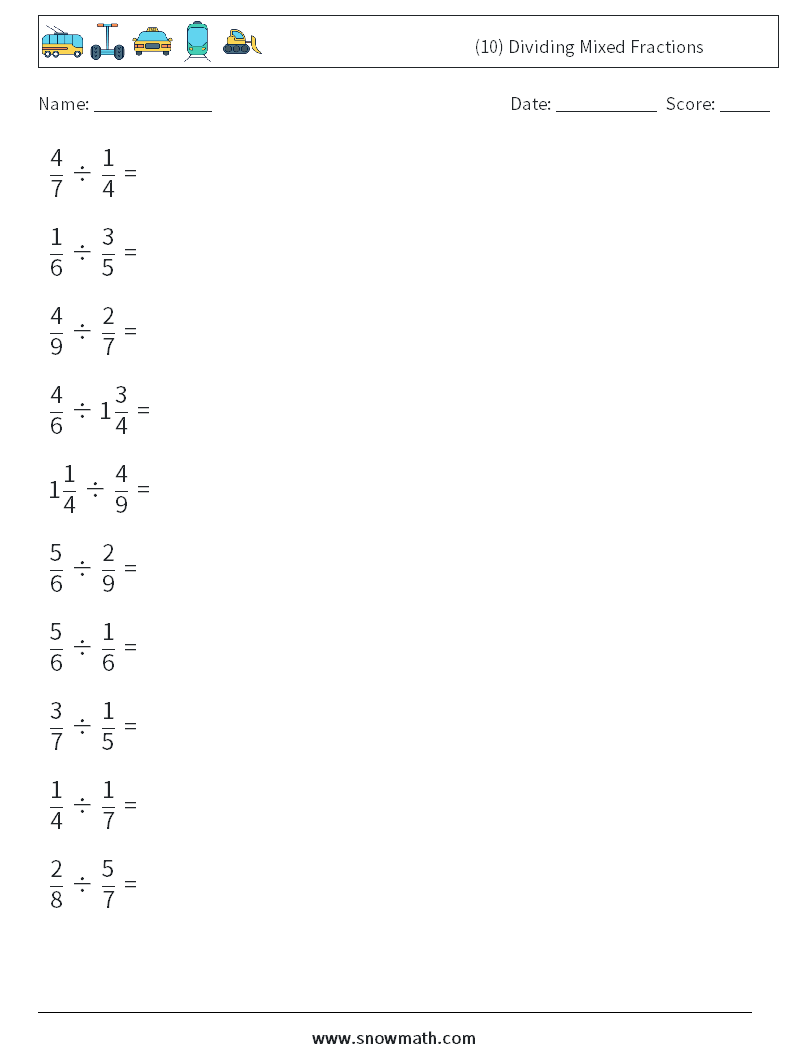 (10) Dividing Mixed Fractions Math Worksheets 13