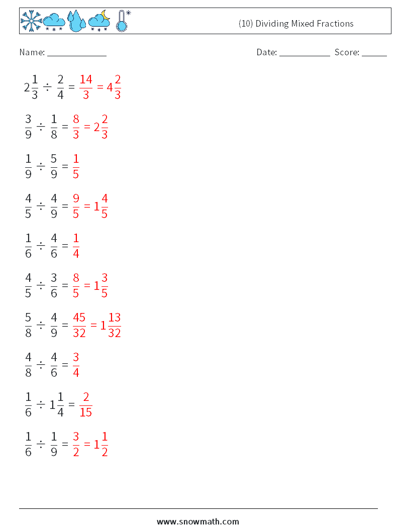 (10) Dividing Mixed Fractions Math Worksheets 14 Question, Answer