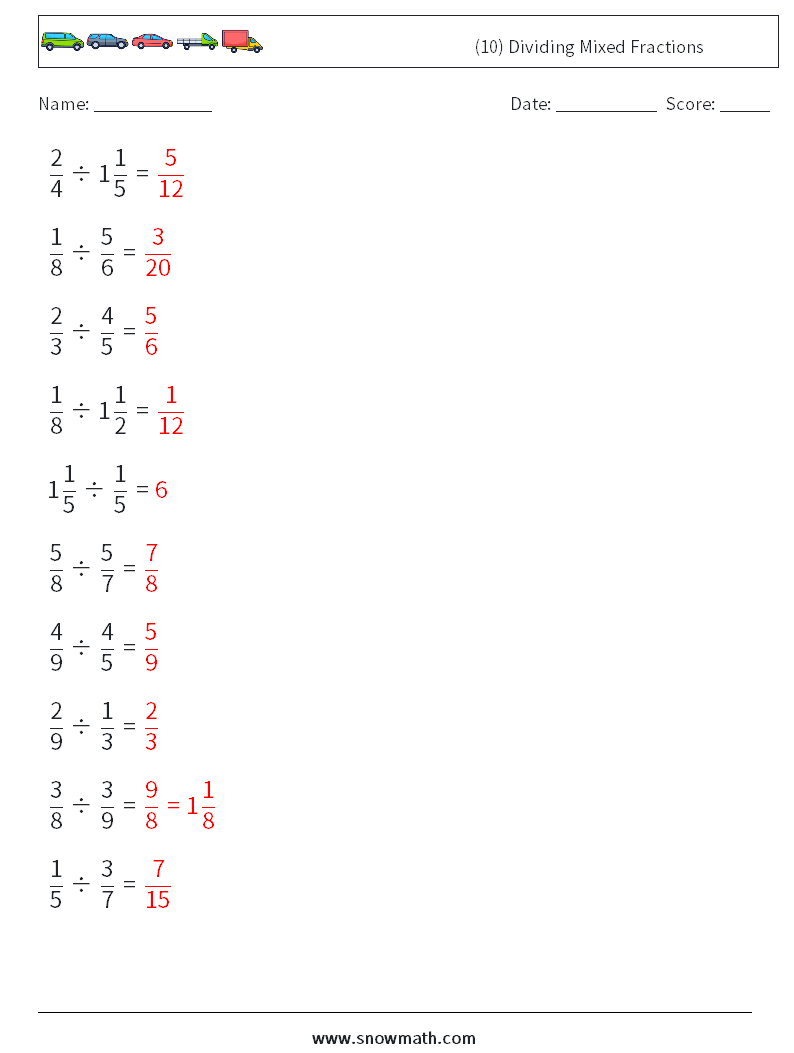 (10) Dividing Mixed Fractions Math Worksheets 15 Question, Answer