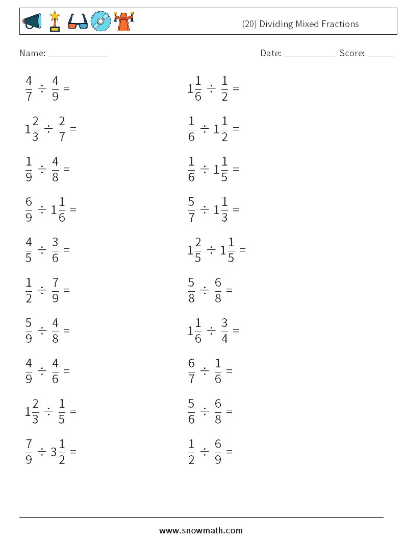 (20) Dividing Mixed Fractions Math Worksheets 14