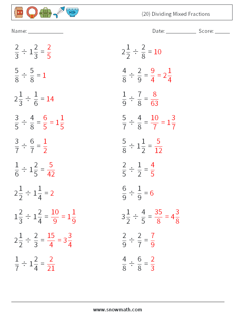 (20) Dividing Mixed Fractions Math Worksheets 15 Question, Answer