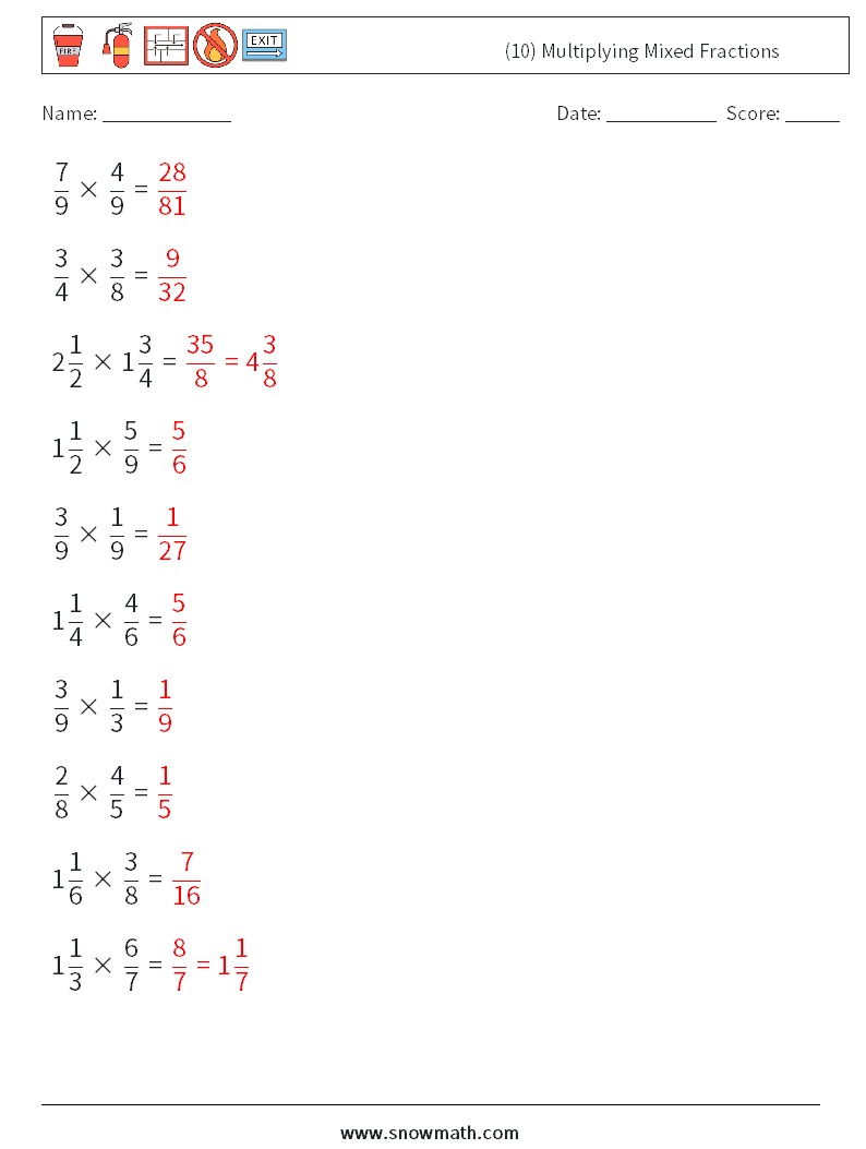 (10) Multiplying Mixed Fractions Math Worksheets 16 Question, Answer