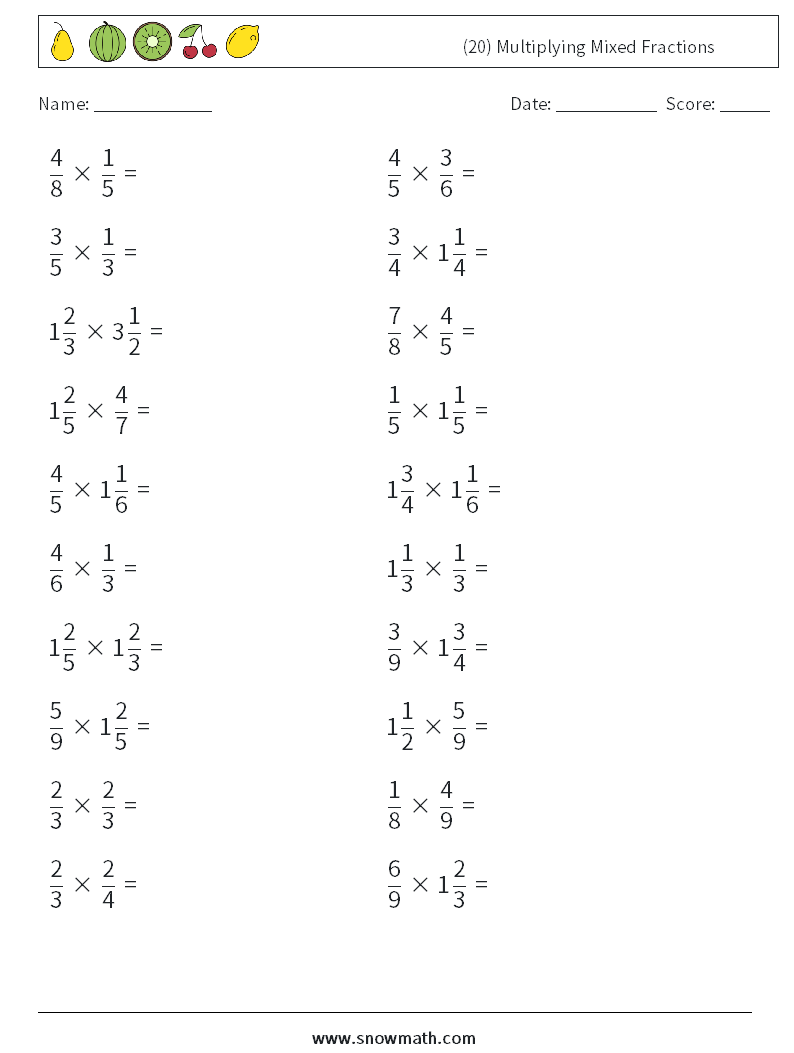 (20) Multiplying Mixed Fractions Math Worksheets 12