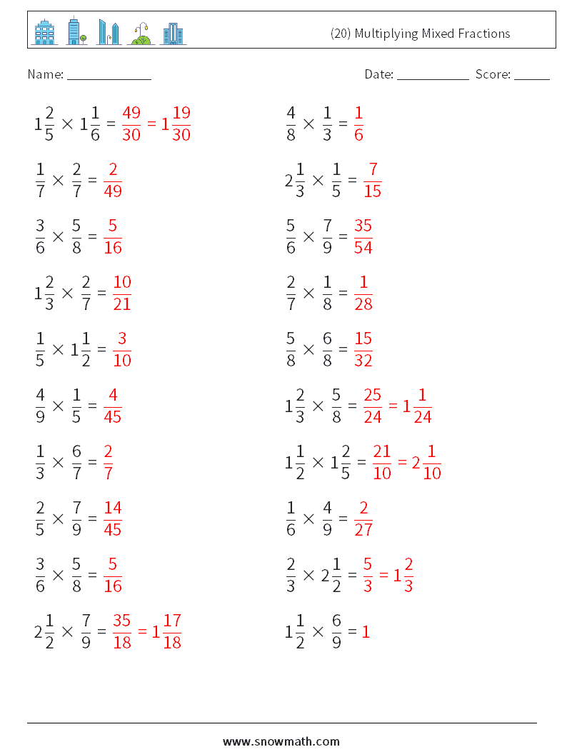 (20) Multiplying Mixed Fractions Math Worksheets 13 Question, Answer