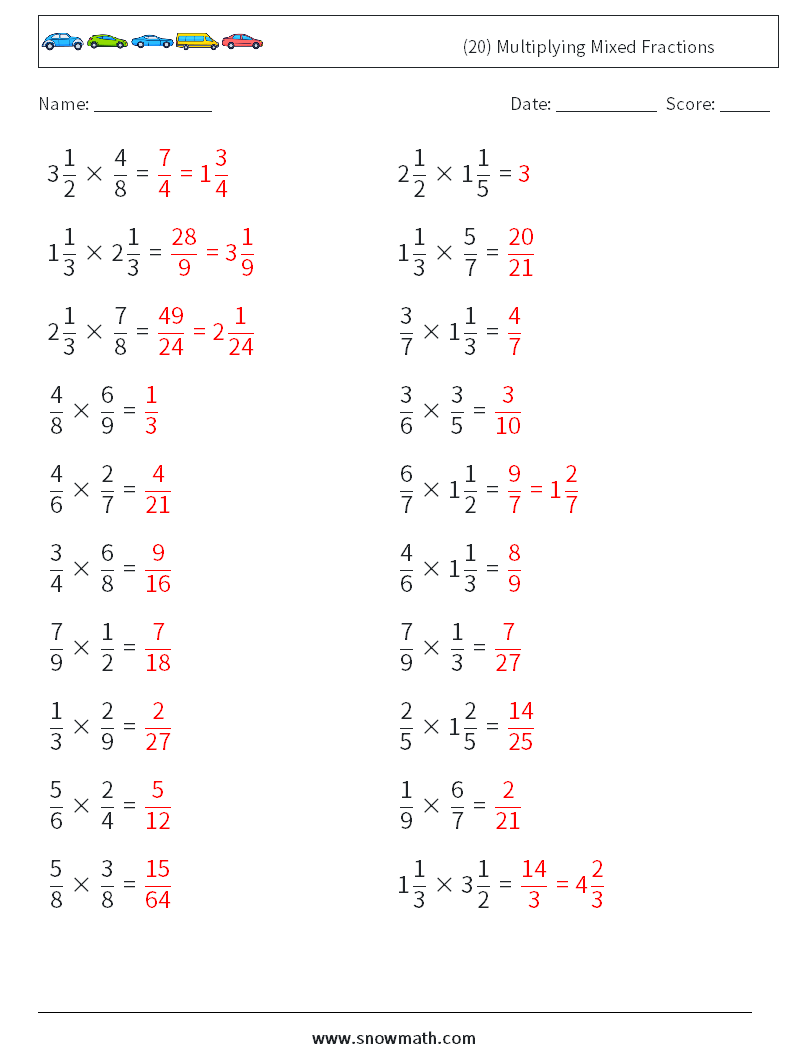 (20) Multiplying Mixed Fractions Math Worksheets 14 Question, Answer