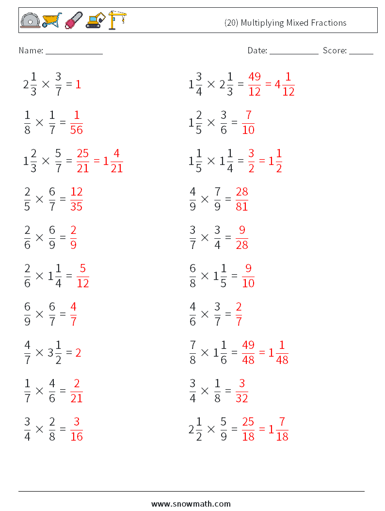 (20) Multiplying Mixed Fractions Math Worksheets 15 Question, Answer