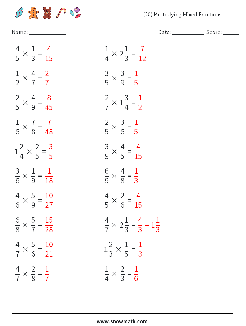 (20) Multiplying Mixed Fractions Math Worksheets 16 Question, Answer