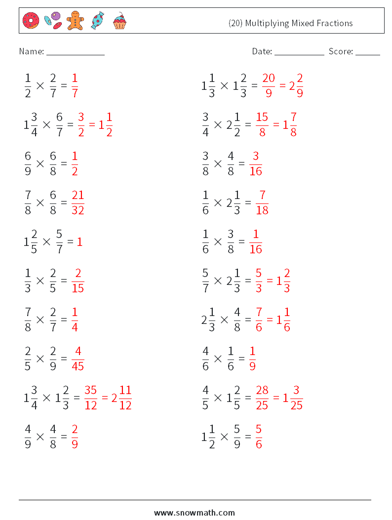 (20) Multiplying Mixed Fractions Math Worksheets 18 Question, Answer