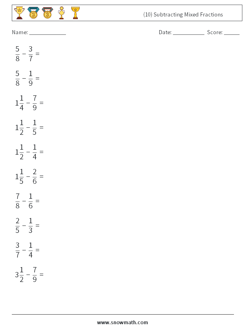 (10) Subtracting Mixed Fractions Math Worksheets 15