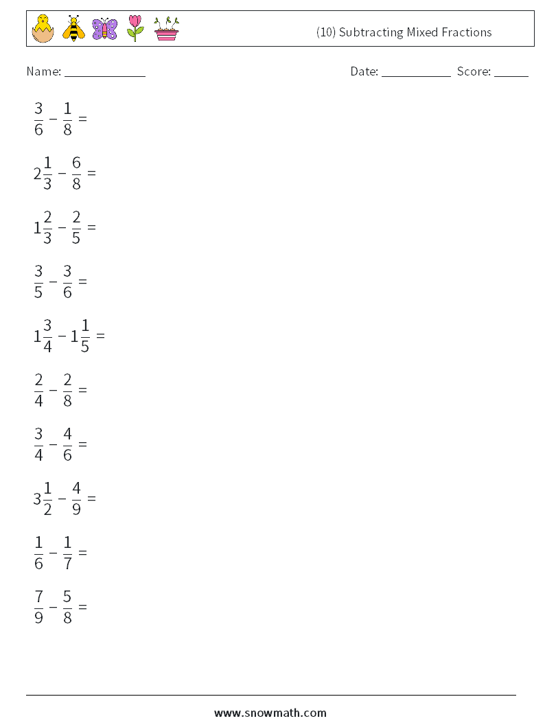 (10) Subtracting Mixed Fractions Math Worksheets 17