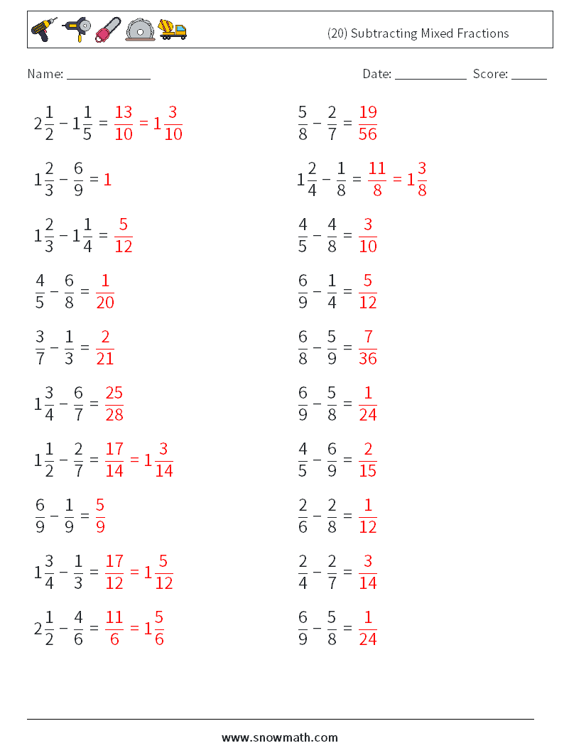 (20) Subtracting Mixed Fractions Math Worksheets 11 Question, Answer