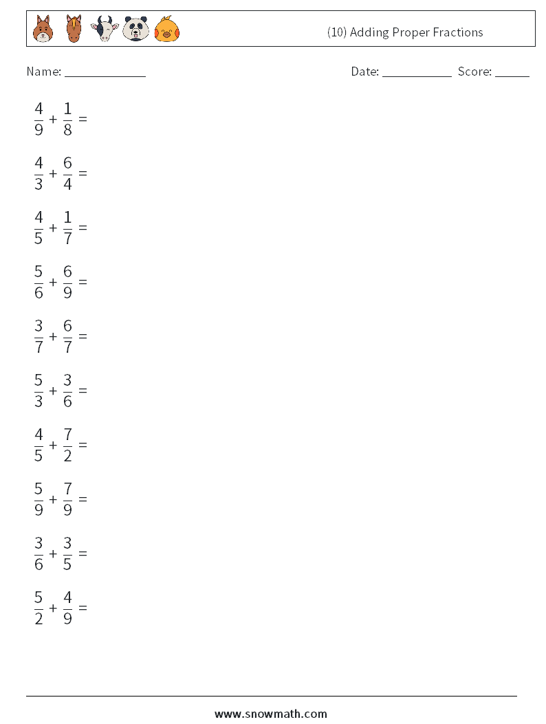 (10) Adding Proper Fractions Math Worksheets 12