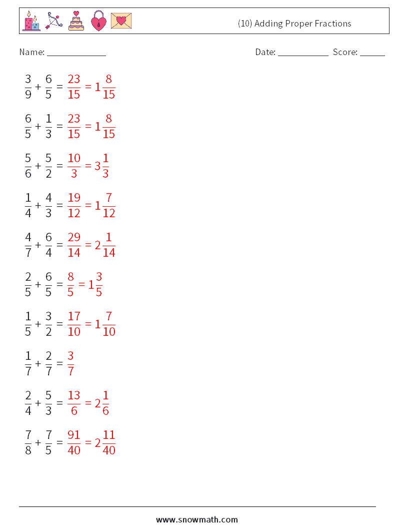(10) Adding Proper Fractions Math Worksheets 13 Question, Answer