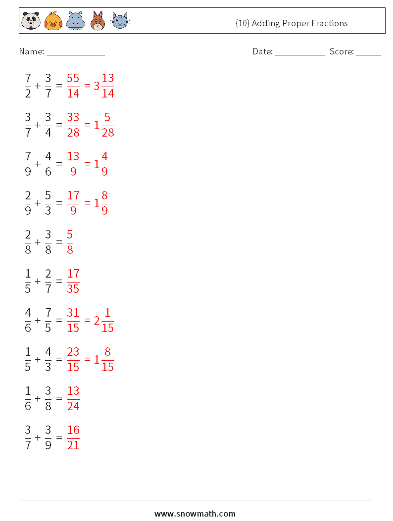 (10) Adding Proper Fractions Math Worksheets 15 Question, Answer