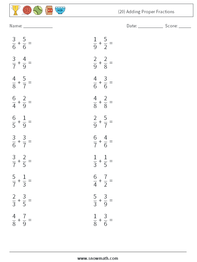 (20) Adding Proper Fractions Math Worksheets 14