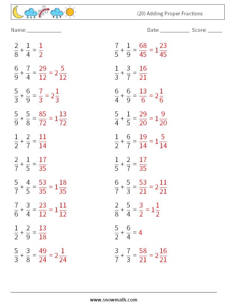 (20) Adding Proper Fractions Math Worksheets 15 Question, Answer