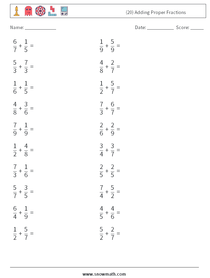 (20) Adding Proper Fractions Math Worksheets 18