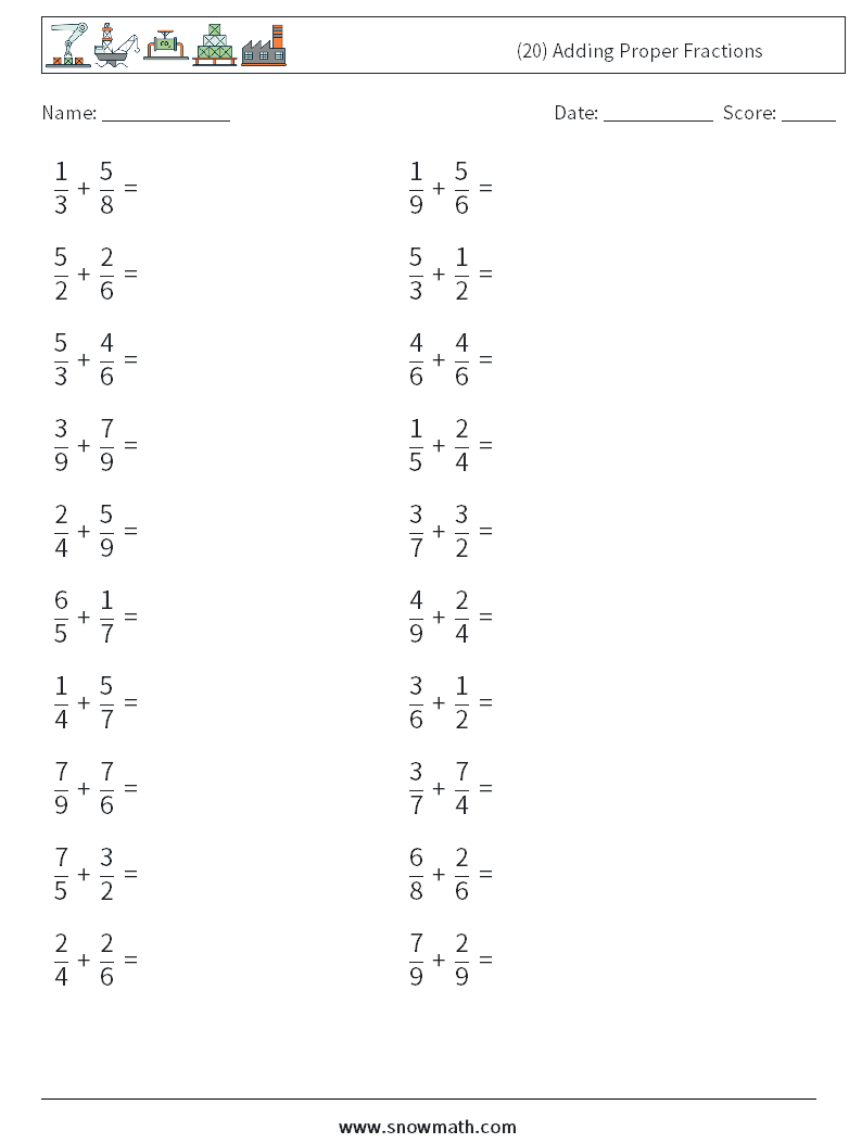 (20) Adding Proper Fractions Math Worksheets 2
